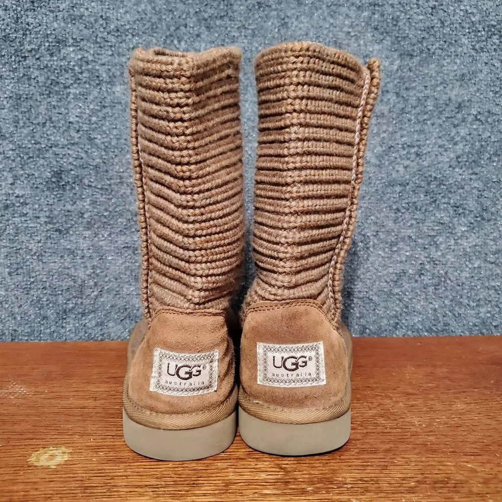 UGG Classic Crochet Boots Womens Size 7 Tan Brown Sheep Skin Knitted Casual Rare